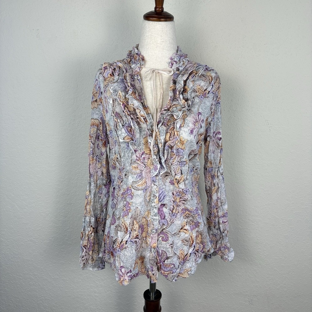 Cino Size S Ruffle Shirt Long Sleeve Floral Crinkle Purple Romantic Boho Cotton